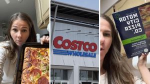 woman holding her deep dish pizza (l) costco storefront (c) woman shares purchase issue (r)