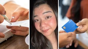 signing receipt (l) woman shares restaurant issue (c) woman pays with card (r)