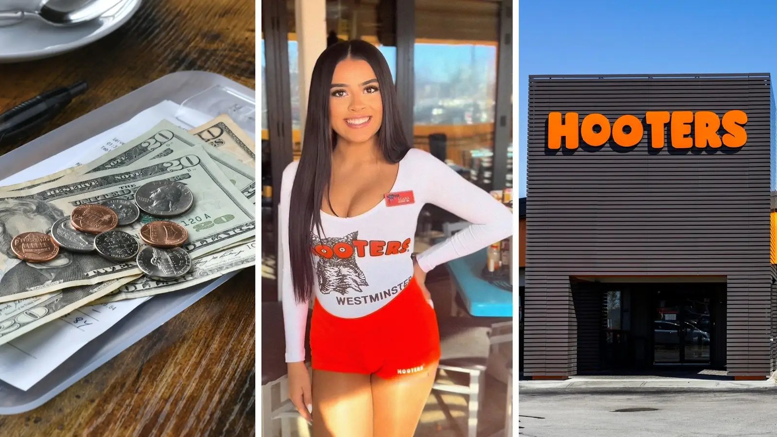 money for charity (l) woman shares customers green flags (c) hooters entrance (r)