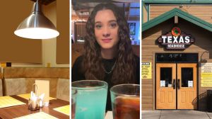 light above table (l) man shows date encounter (c) Texas roadhouse entrance (r)