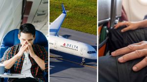 man concerned about flight (l) delta airline (c) man sitting on his plane seat when he feels something crawling on his leg (r)