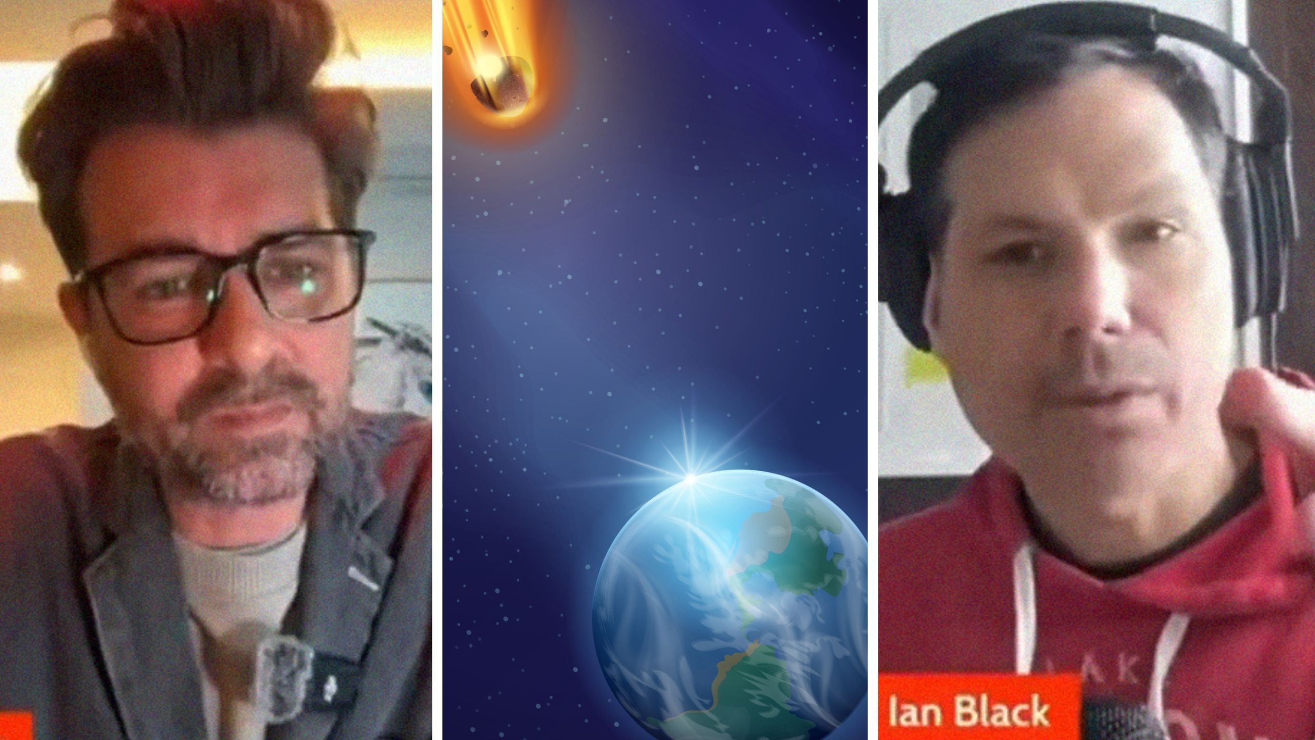 man listens to comedian about earth topic (l) giant object heading to earth (c) man talks about a private signal chat he experienced (r)