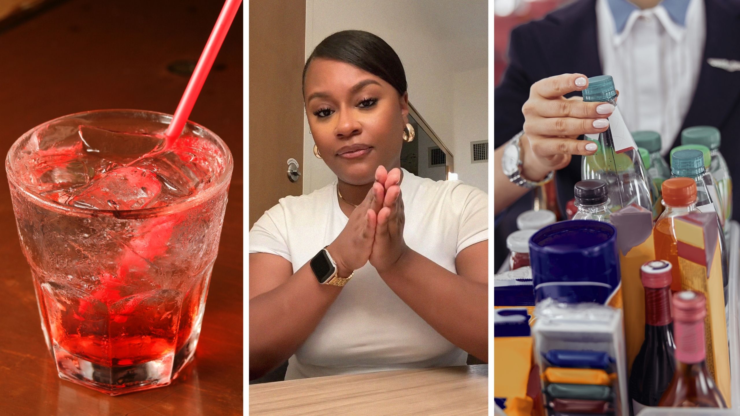 shirley temple drink (l) woman shares a day in the job (c) flight attendant taking drink orders (r)