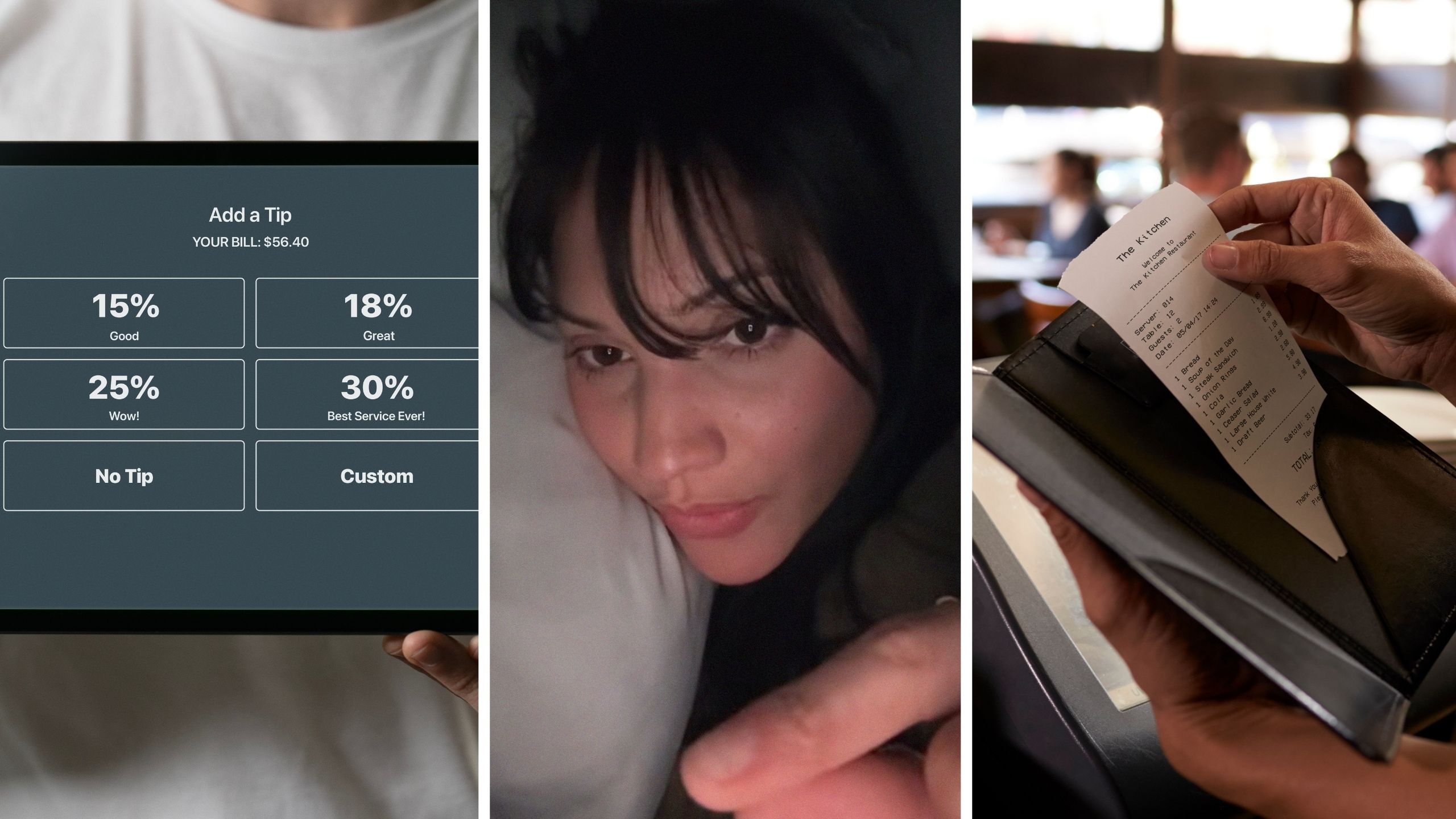 tipping section (l) woman shares PSA to customers eating and drinking out (c) customers bill and receipt (r)