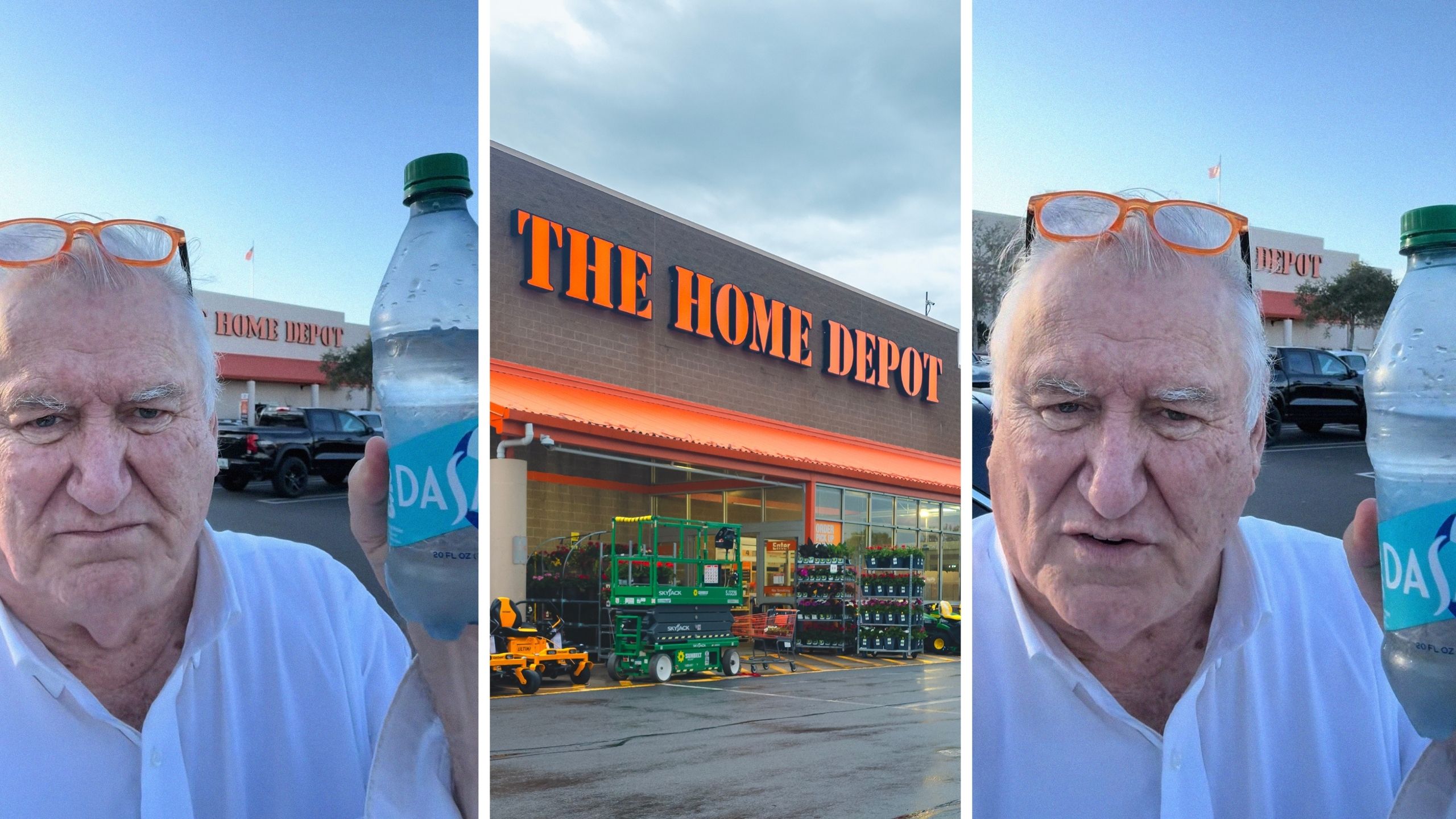 man shares the home depot experience (l) The home depot storefront (c) man holding his water (r)
