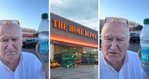 man shares the home depot experience (l) The home depot storefront (c) man holding his water (r)