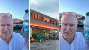 man shares the home depot experience (l) The home depot storefront (c) man holding his water (r)