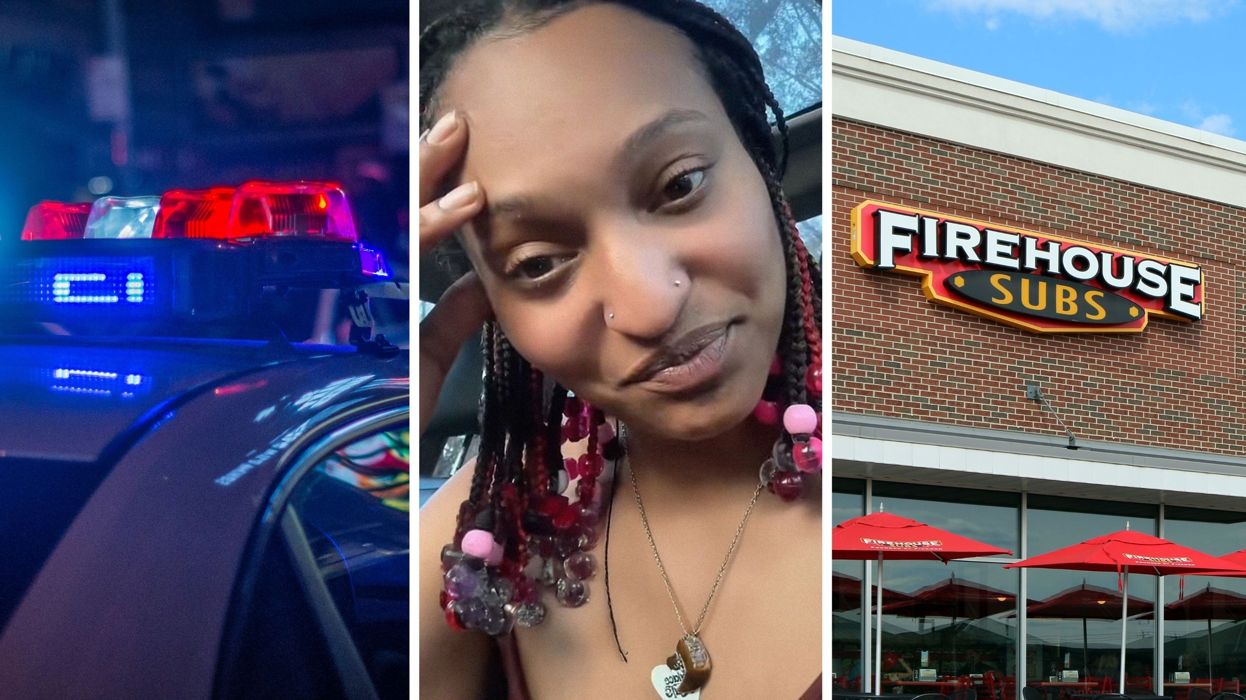 police car (l) woman shares Firehouse subs experience (c) Firehouse subs (r)