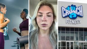 two women having a standoff at the gym (l) woman shares gym issue (c) crunch fitness entrance (r)