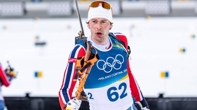 Holm Laegreid competes in biathlon for Norway at the 2026 Winter Olympics