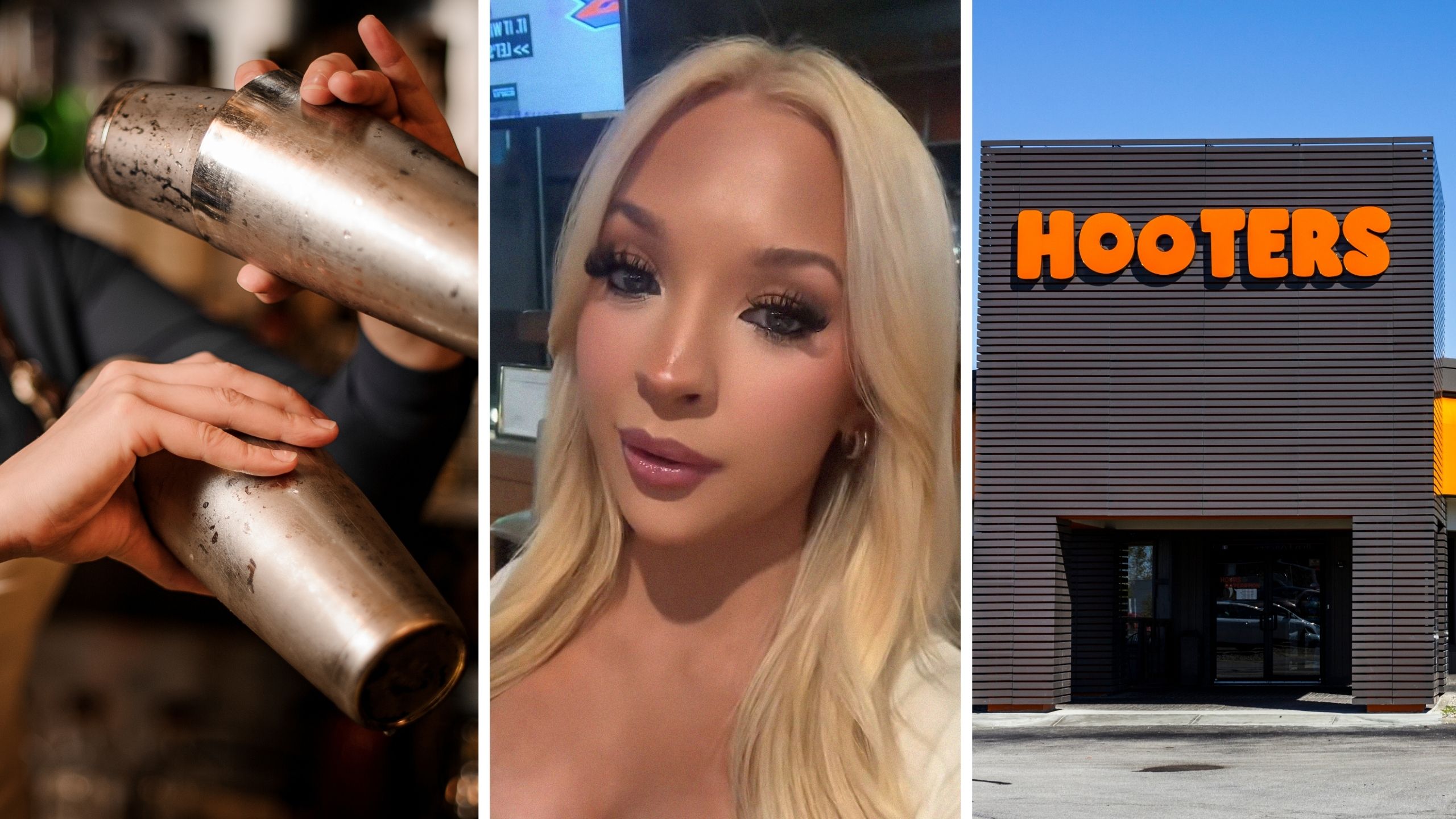 female bartender (l) woman shares hooters experience (c) hooters entrance (r)