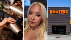 female bartender (l) woman shares hooters experience (c) hooters entrance (r)