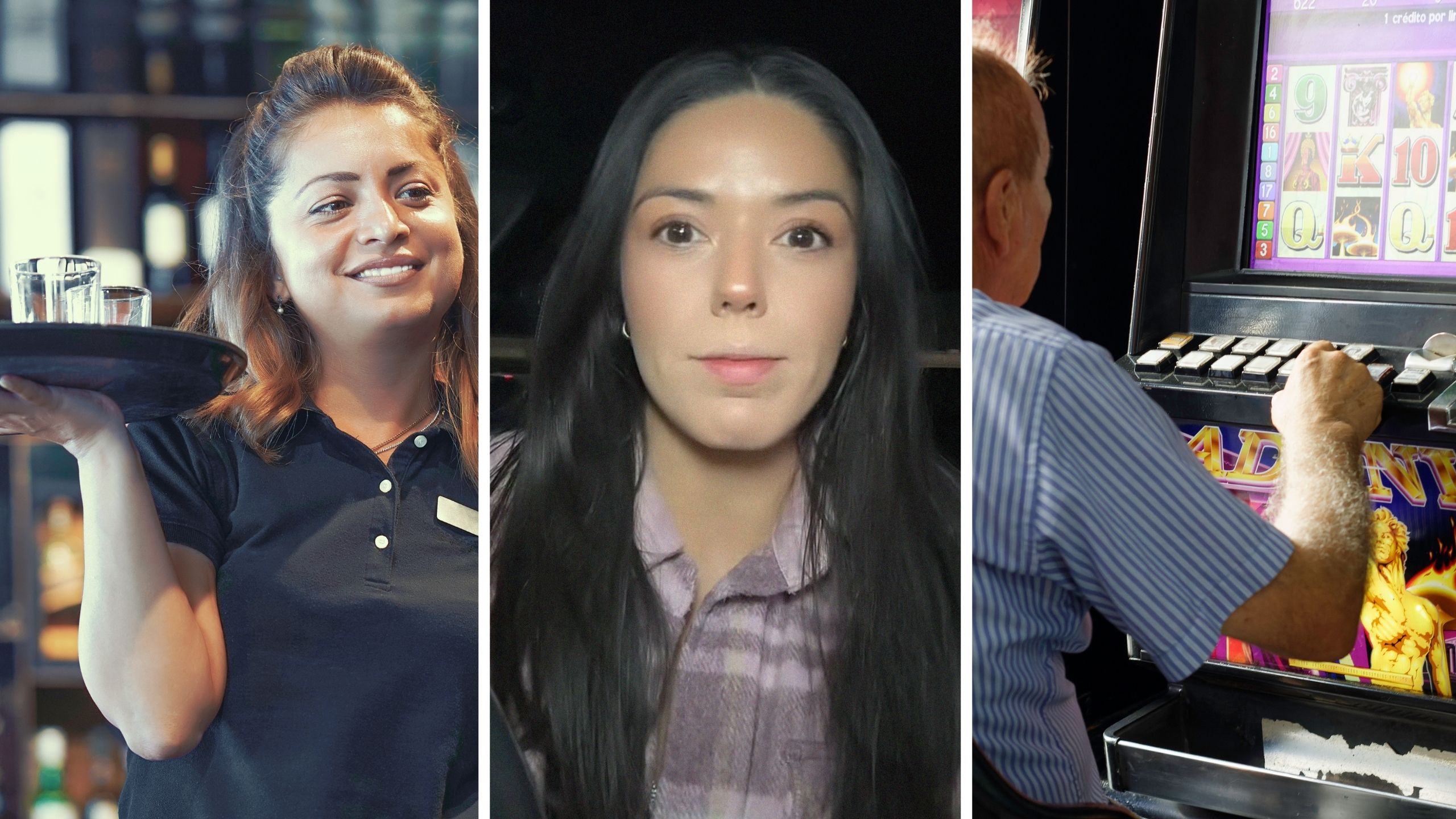woman serving drinks (l) woman shares work stories (c) man playing on casino machine (r)