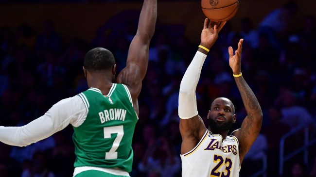 LeBron James shoots over Jaylen Bronw