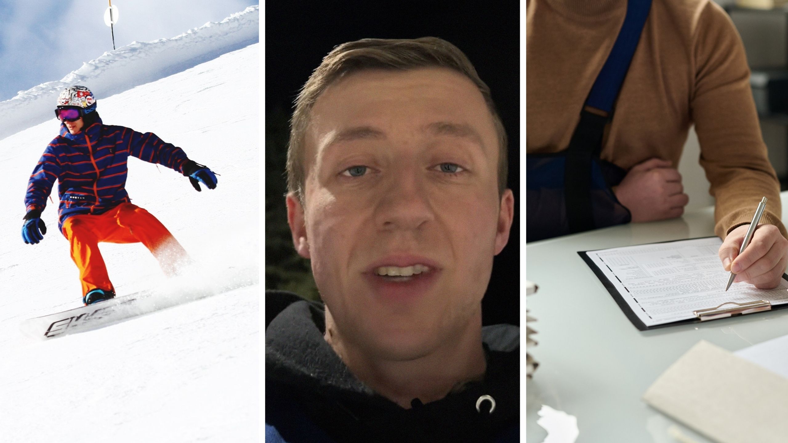 man snowboarding (l) private investigator shares encounter (c) man filling in medical insurance form (r)