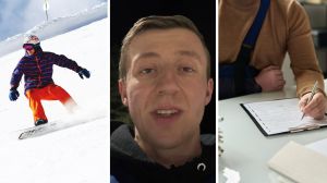 man snowboarding (l) private investigator shares encounter (c) man filling in medical insurance form (r)