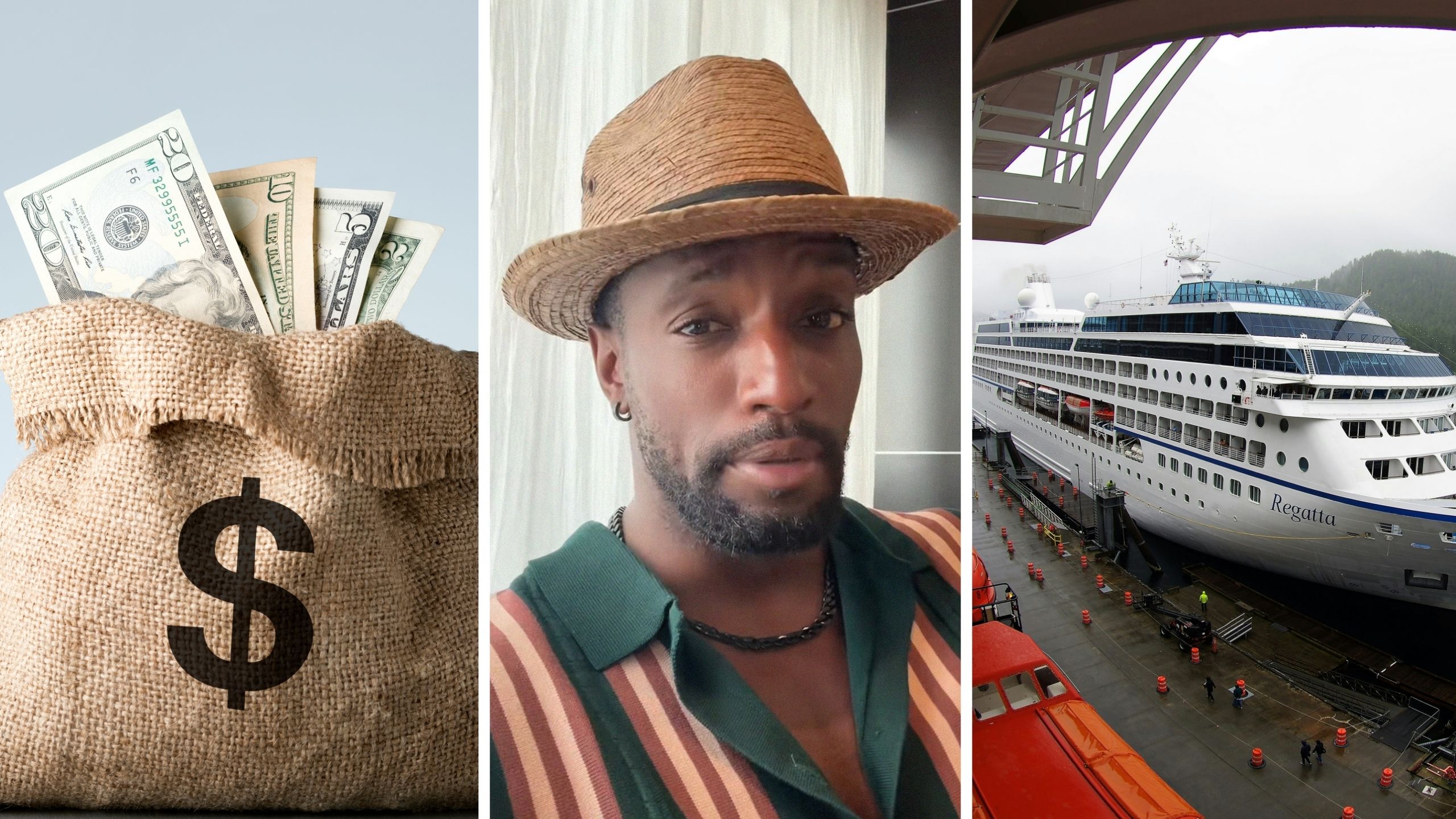 thousands of dollars (l) man shares cruise ship tips (c) cruise at port (r)
