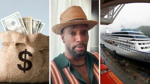 thousands of dollars (l) man shares cruise ship tips (c) cruise at port (r)