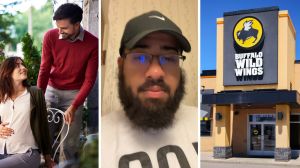 man and pregnant wife go out to eat (l) man shares restaurant issue (c) Buffalo wild wings entrance (r)