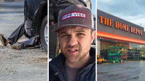 man under his car (l) man shares spare tire encounter (c) the home depot entrance (r)