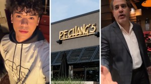 man shares p.f changs experience (l) P.F changs front door (c) man asks customer to leave (r)