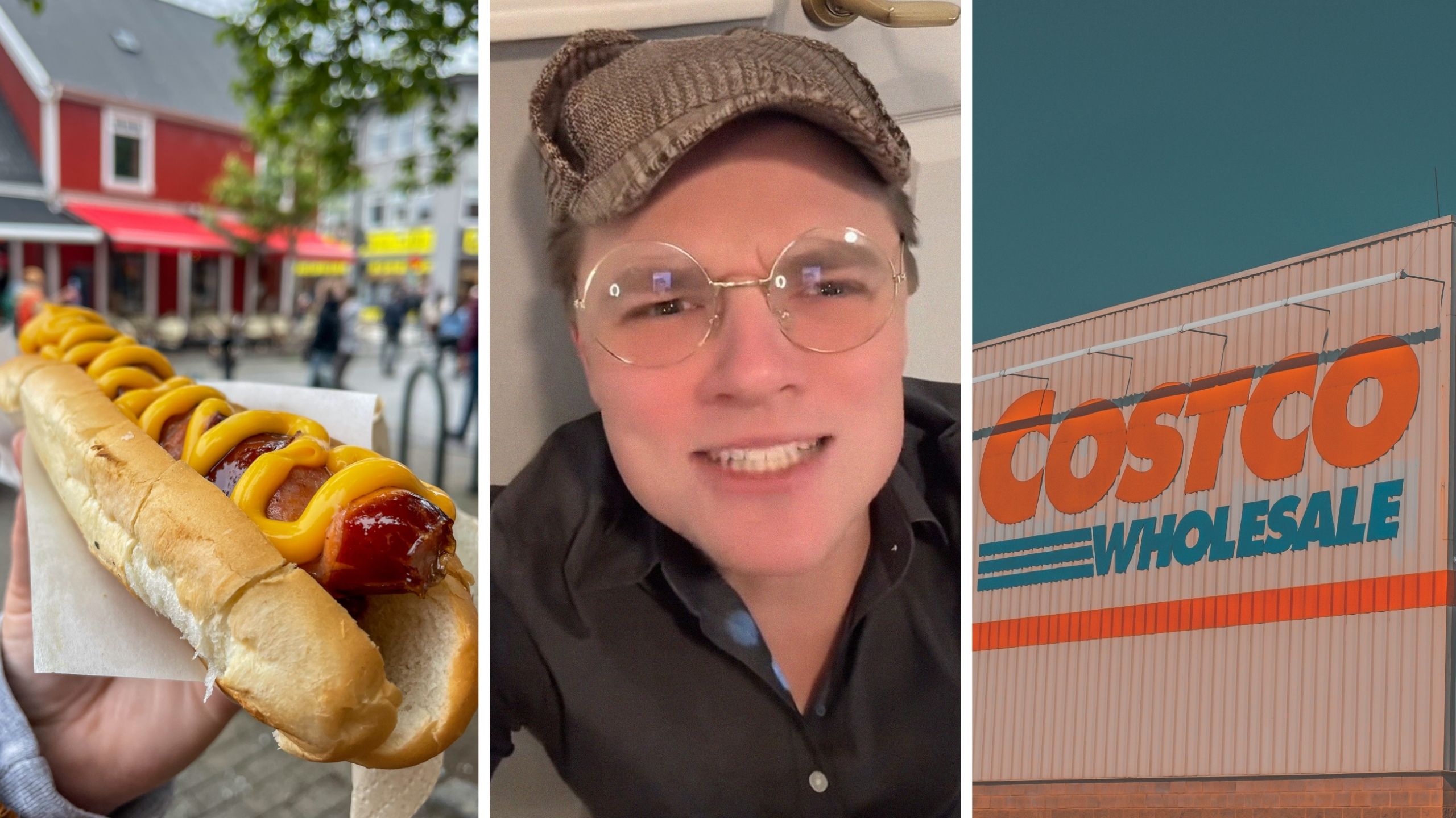 $1.50 hotdog (l) man shares costco emotions about their new apartments (c) costco storefront (r)