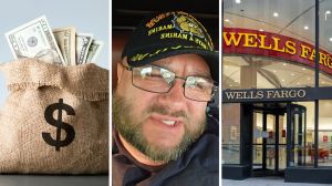 bag of money (l) man shares bank concern (c) wellsfargo bank entrance (r)