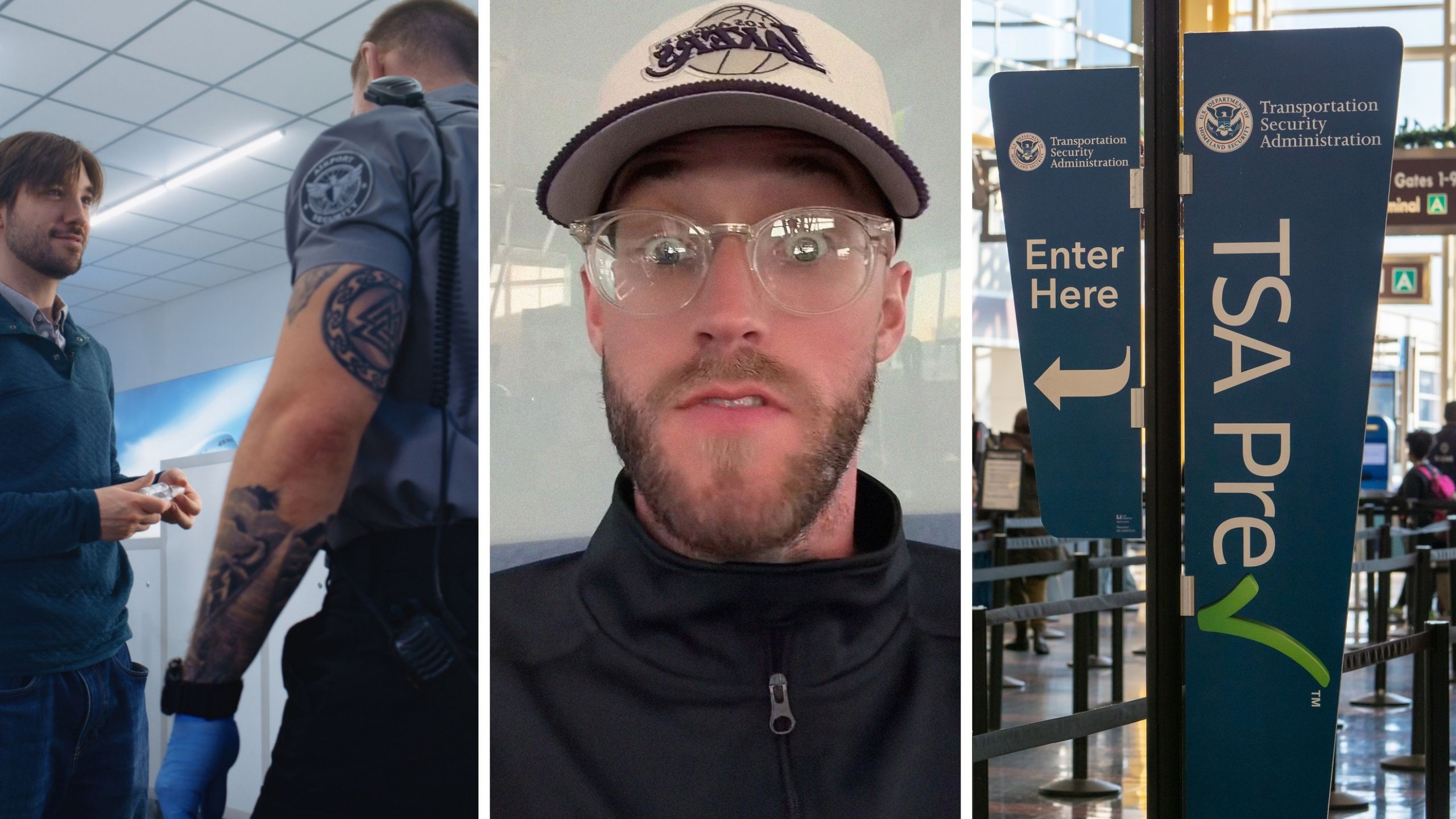 man pulled aside for random check-up (l) man shares tsa opinion (c) TSA pre-check area (r)