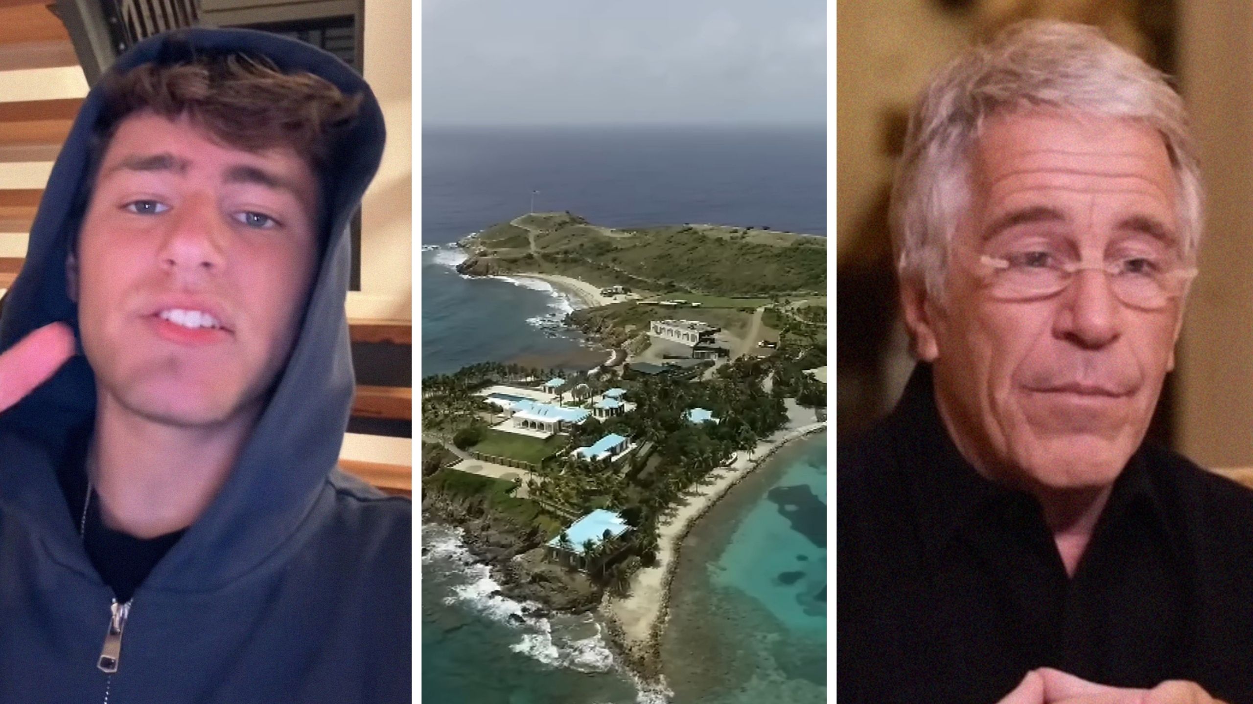 man shares fear (l) Epstein island (c) Jeffrey Epstein (r)