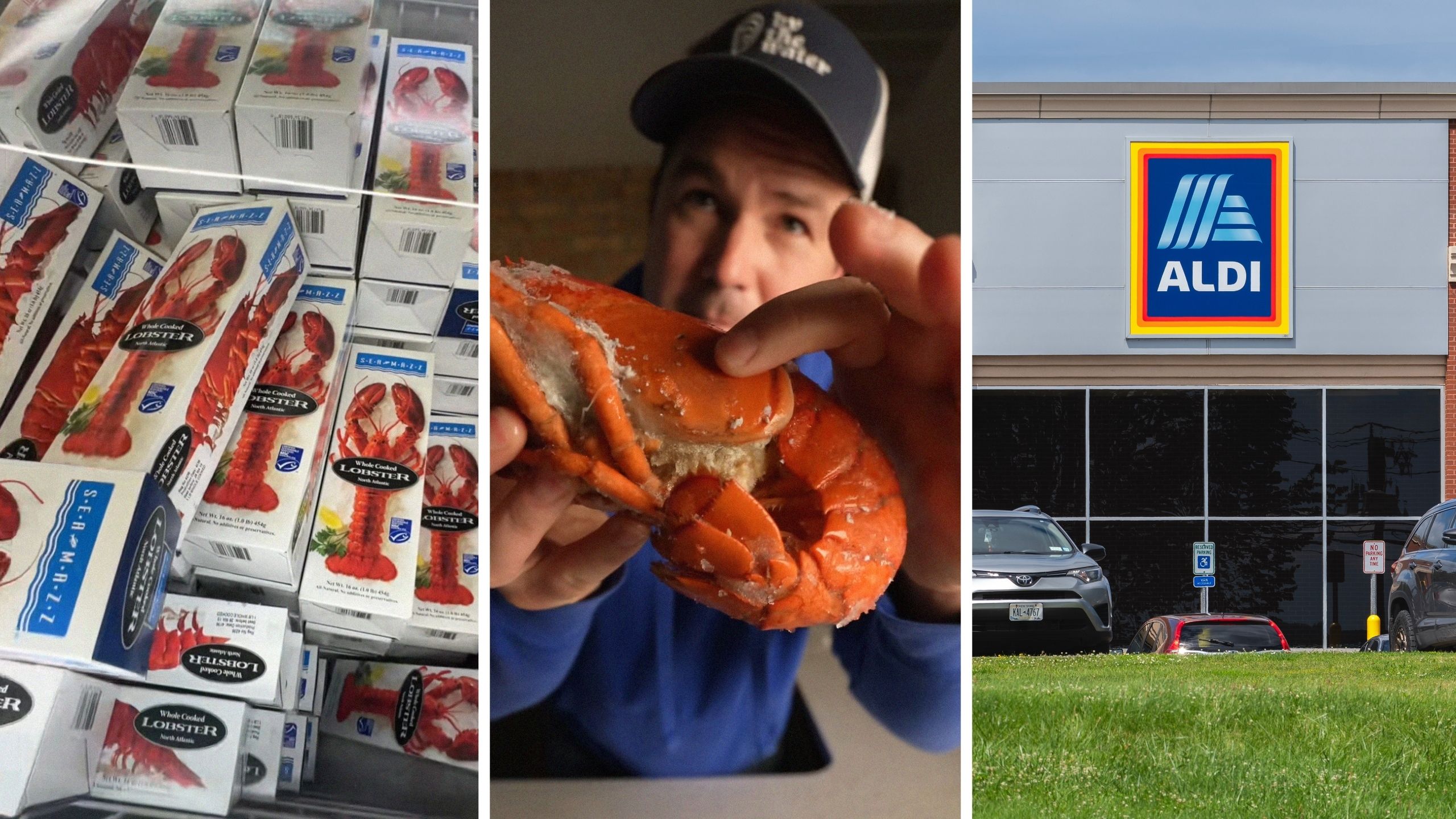 frozen lobster (l) man unboxes lobster (c) Aldi storefront (r)