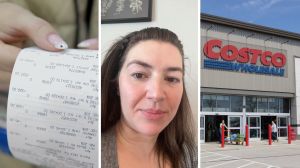 shopping receipt (l) woman shares costco experience (c) costco storefront (r)