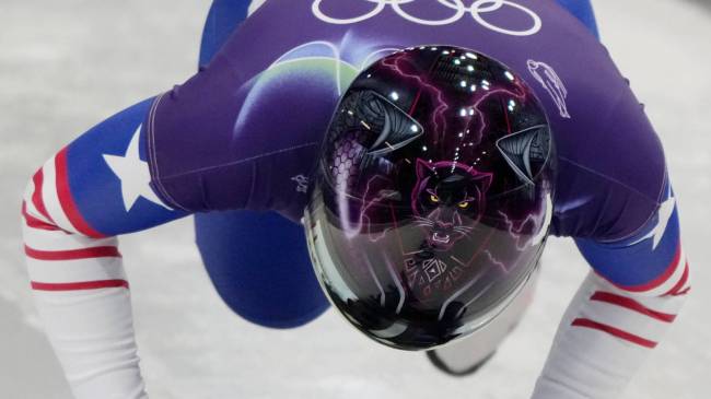 Team USA skeleton racer Mystique Ro with panther helmet at Winter Olympics