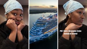 woman shares cruise decision (l) Norwegian Cruise line (c) woman shares cruise encounter (r)