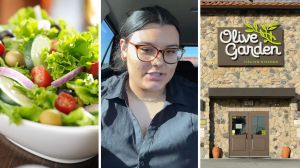 fresh salad (l) woman shares day in the job (c) Olive garden entrance (r)