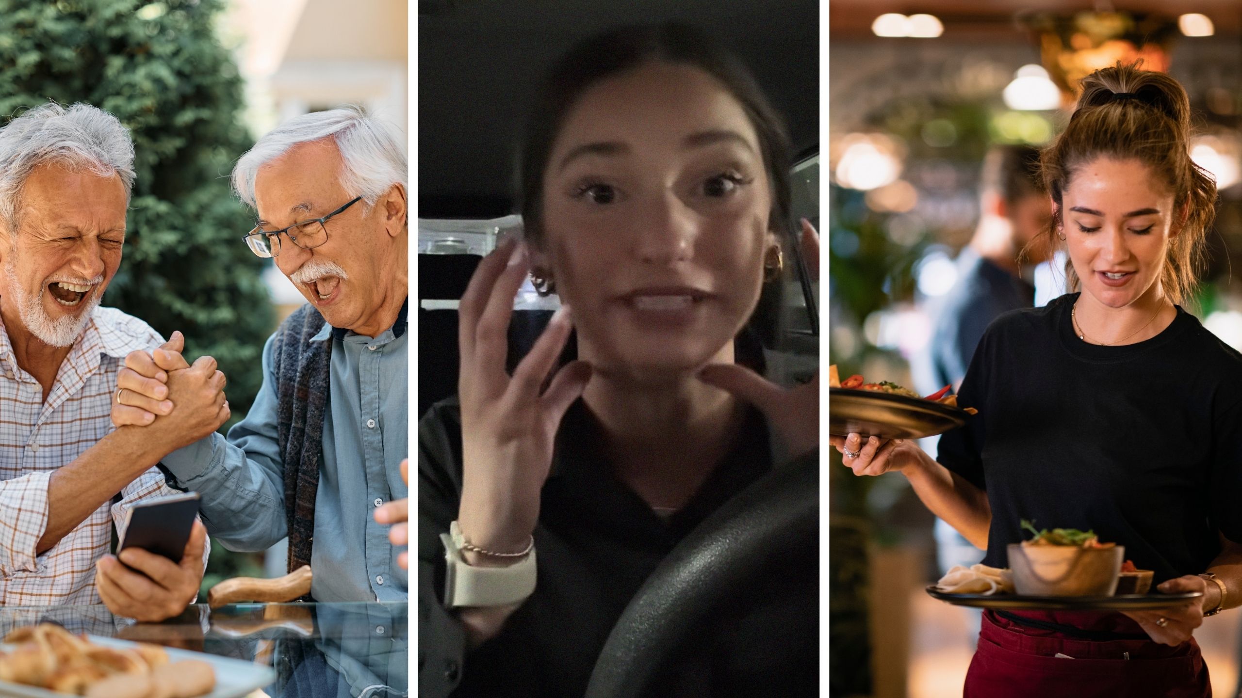 two old men eating out (l) woman shares stressful day in the job (c) female serving food (r)