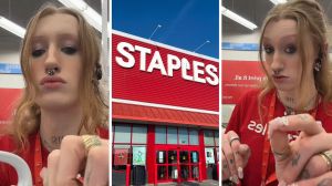 woman at work (l) staples storefront (c) woman showing off work products (r)