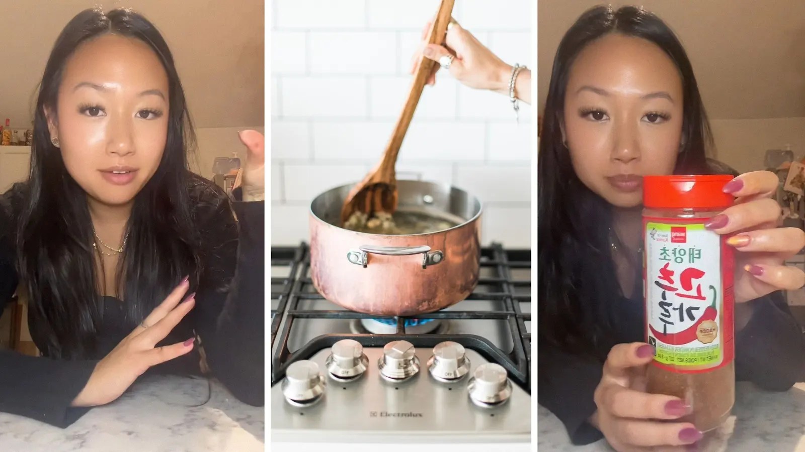 woman shares cooking experience (l) woman making soup (c) woman holding cooking spices (r)