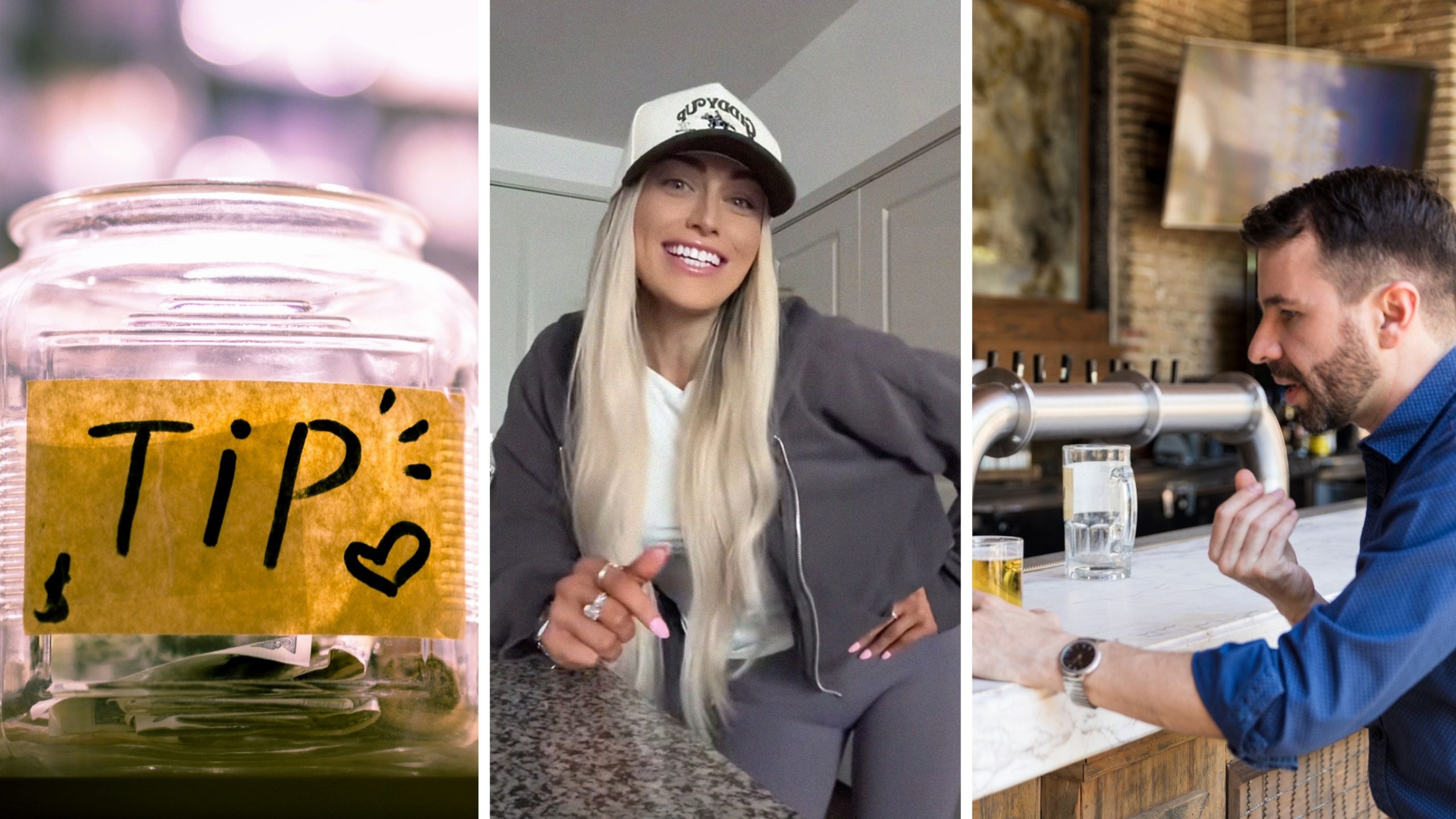 tip jar (l) woman shares a day in the job (c) man drinking at a bar (r)
