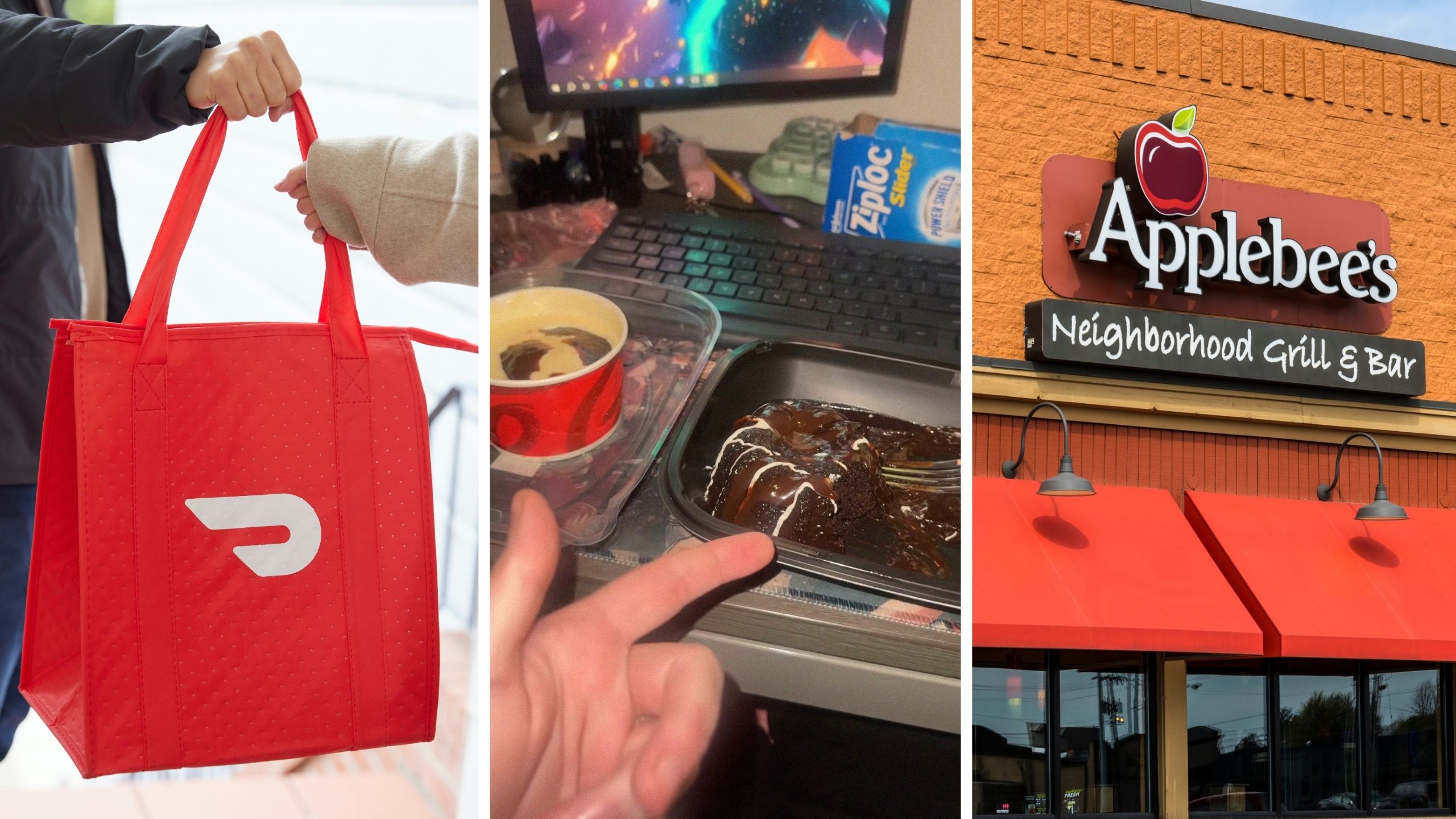 doordash delivery (l) molten lava cake from Applebee’s (c) Applebee's front entrance (r)
