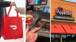 doordash delivery (l) molten lava cake from Applebee’s (c) Applebee's front entrance (r)