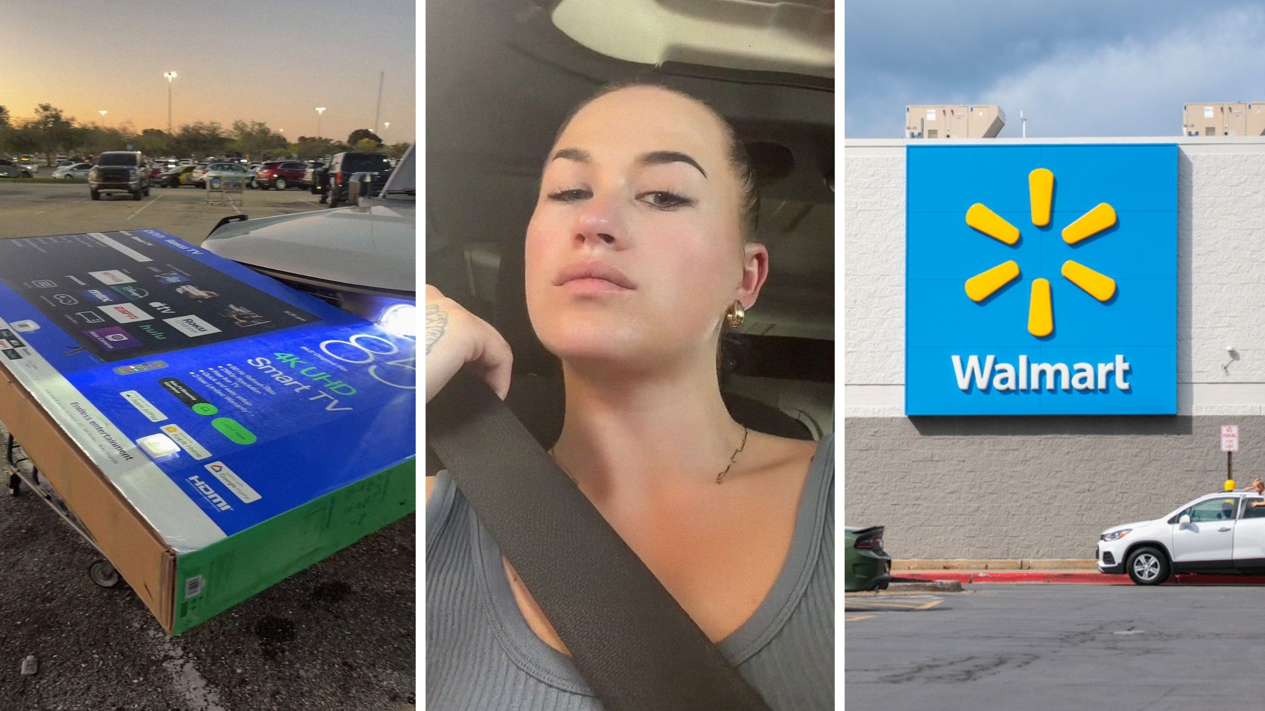 85-inch TV (l) woman shares purchase issue (c) walmart storefront (r)