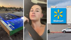 85-inch TV (l) woman shares purchase issue (c) walmart storefront (r)