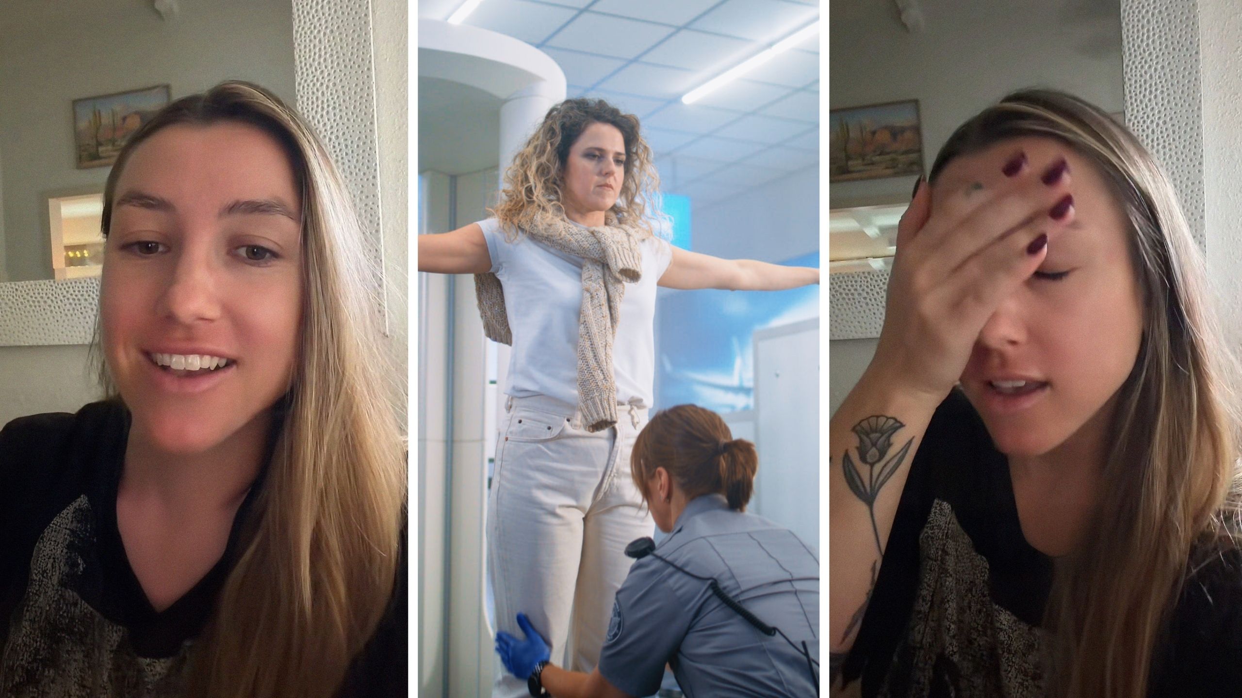 woman shares tsa experience (l) woman being pat down (c) woman shares awful airport experience (r)