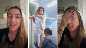 woman shares tsa experience (l) woman being pat down (c) woman shares awful airport experience (r)