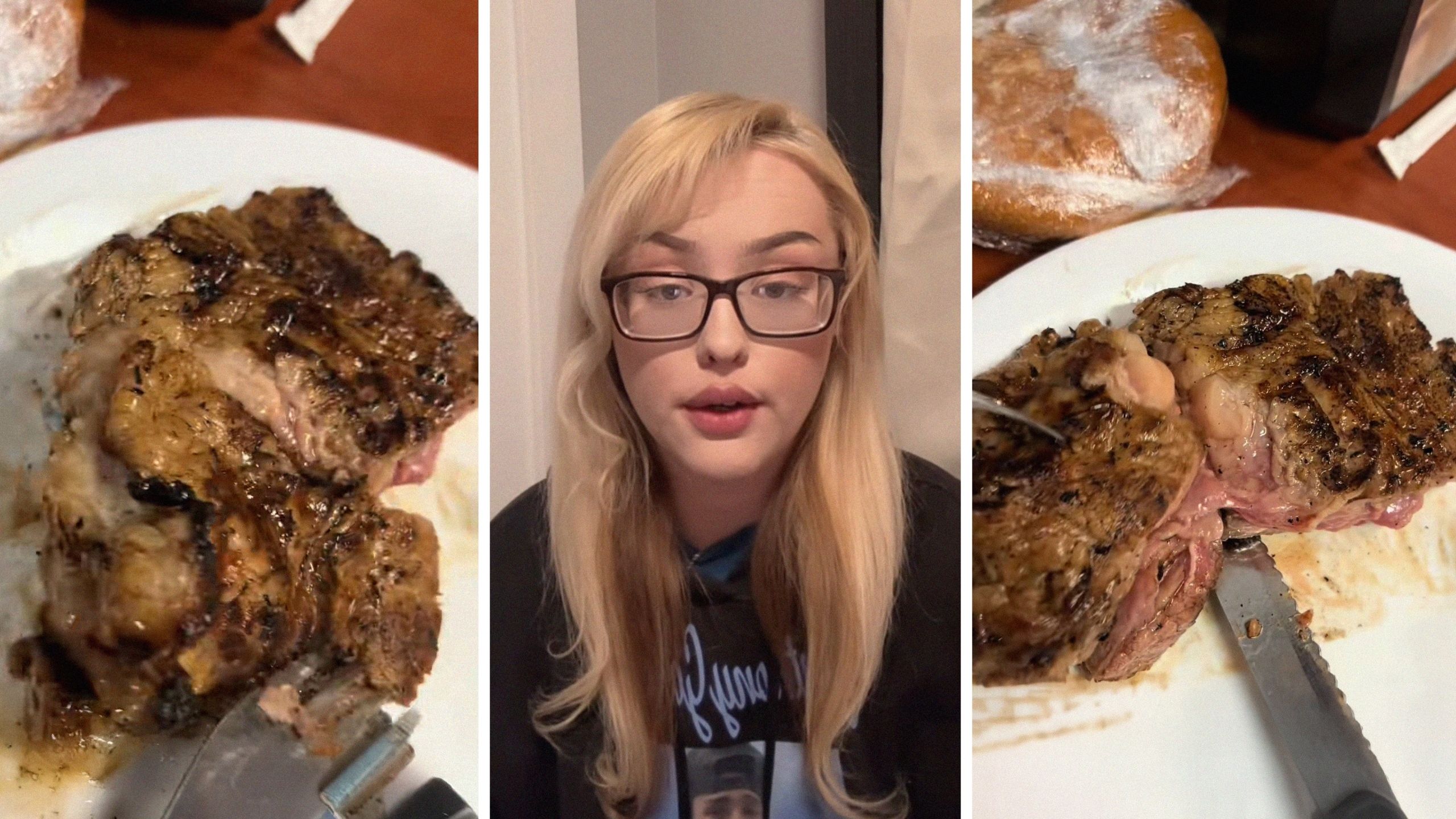 medium rare steak (l) woman shares food order issue (c) raw steak cut in half (r)