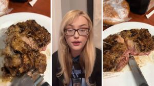 medium rare steak (l) woman shares food order issue (c) raw steak cut in half (r)
