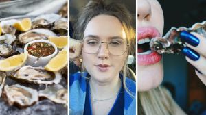 raw oysters (l) woman shares seafood struggles (c) woman eating raw oysters (r)