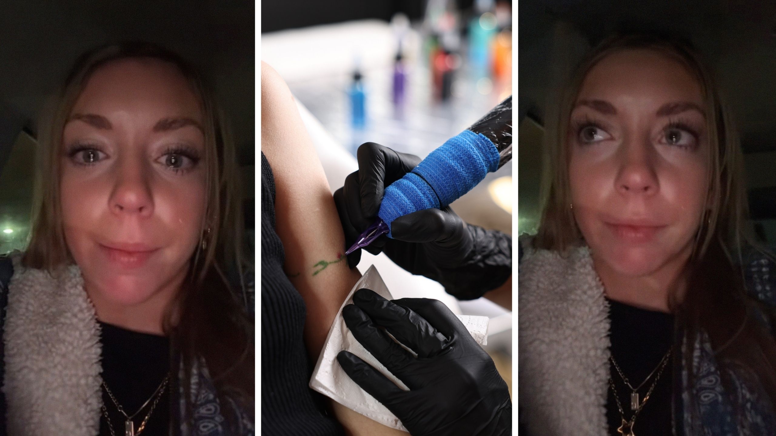 woman in tears (l) woman getting a tattoo (c) woman shares tattoo issue (r)