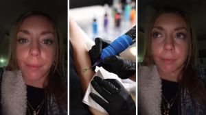 woman in tears (l) woman getting a tattoo (c) woman shares tattoo issue (r)