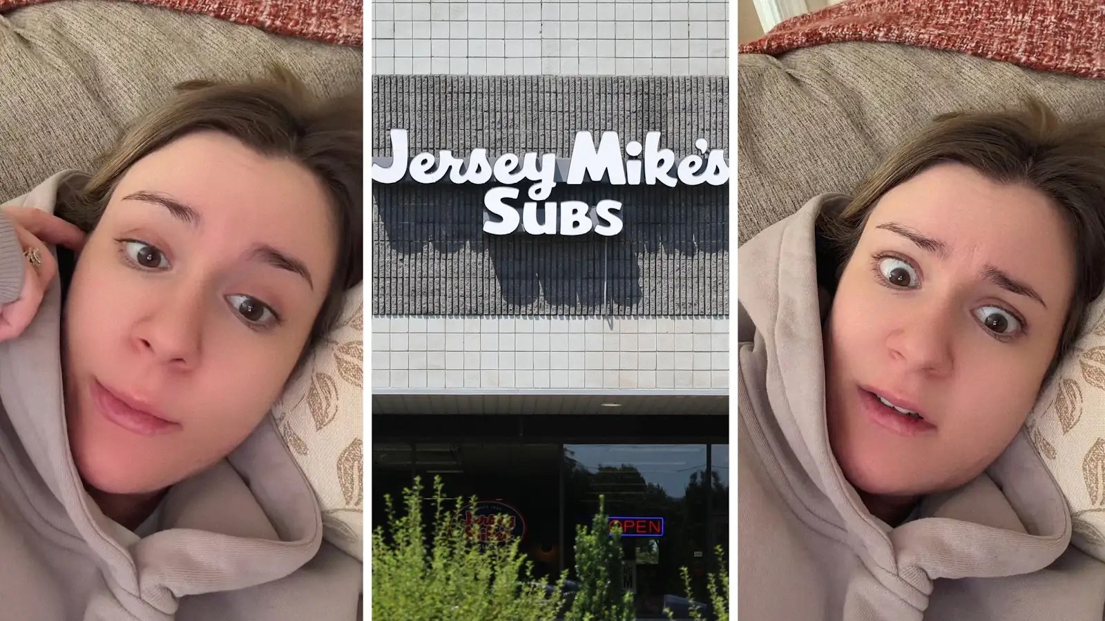woman shares take out experience (l) Jersey Mike's front door (c) woman shares food order (r)